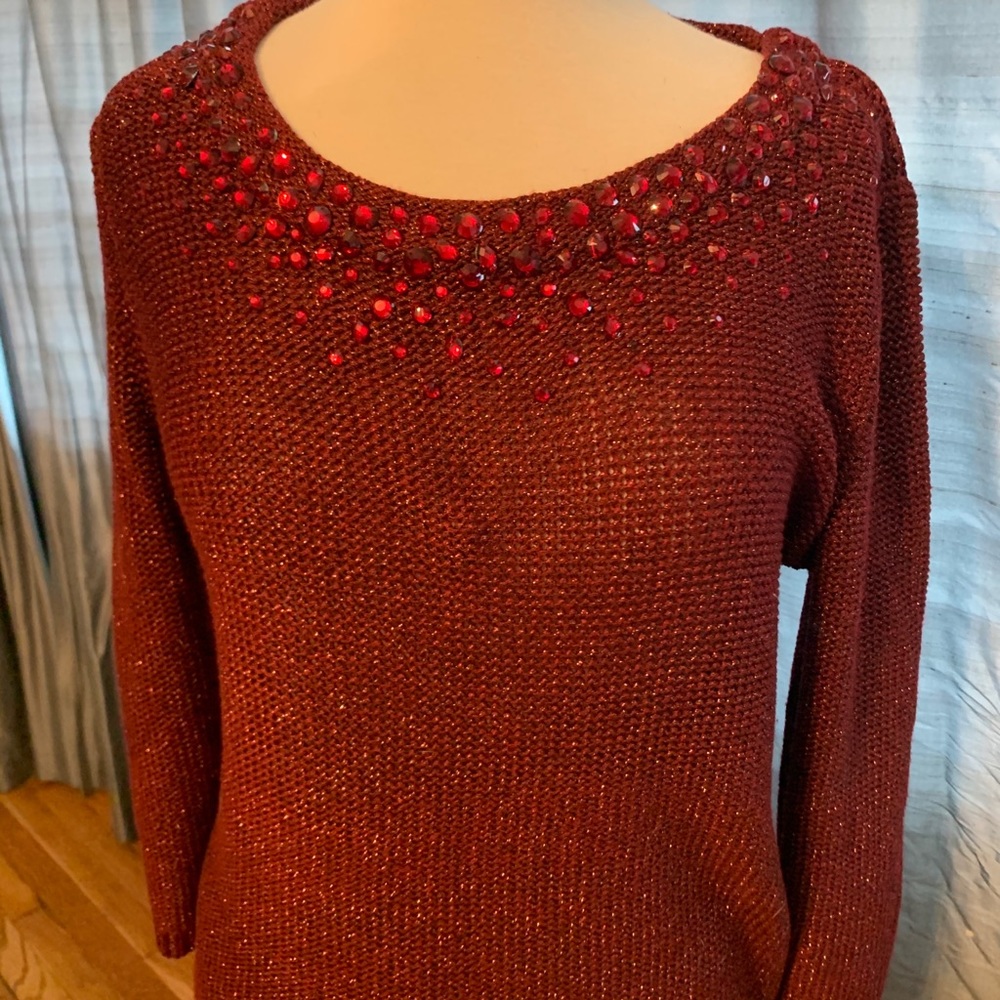 Ruby red jeweled sweater. Gorgeous color red